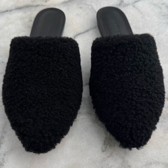 Jenni Kayne Shearling Mule Flats Size 35 Black Slip On Pointed Toe Luxe Texture - Picture 3 of 9